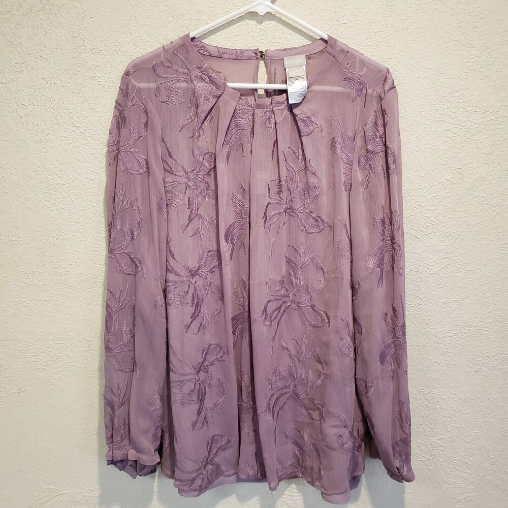 Chico's Size XL 16 18 3 Tonal Embroidery Crinkle Top Purple Violet